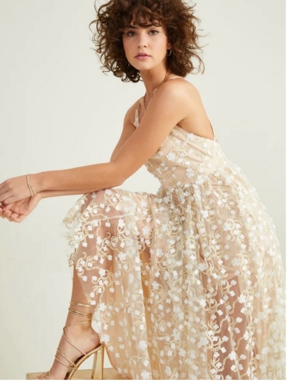 Altar'd State Sheer Floral Embroidered Maxi Dress in Ivory and Nude